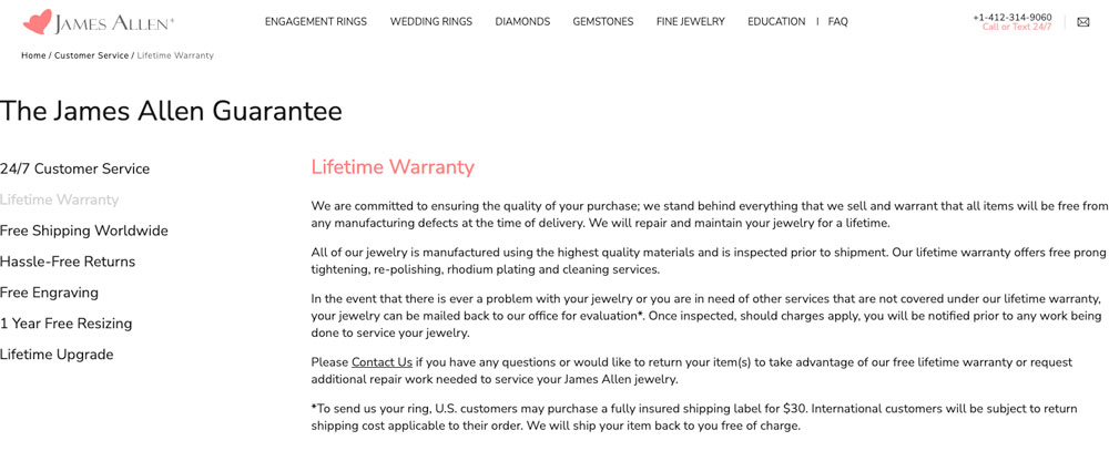 James Allen warranty