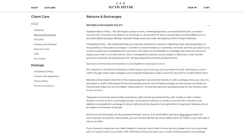 Alexis Bittar returns policy