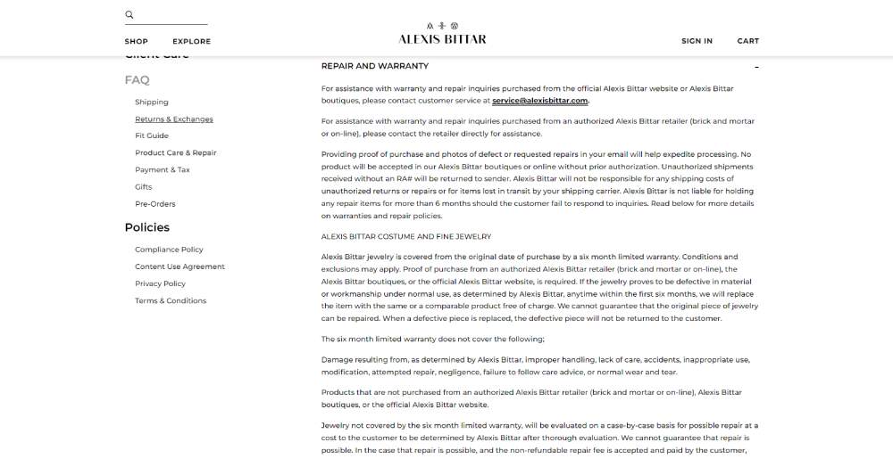 Alexis Bittar warranty