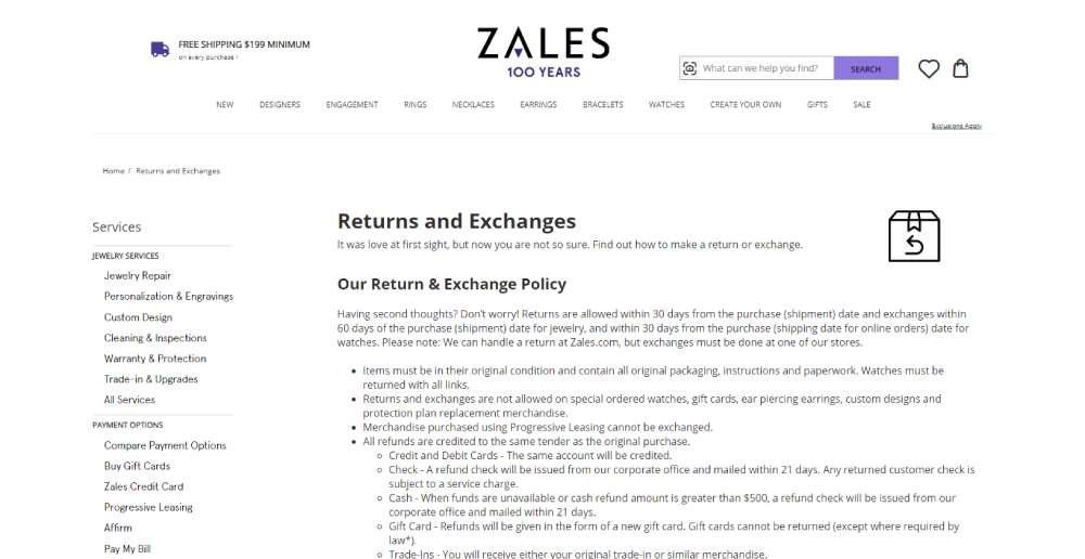 Zales returns policy